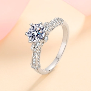 Elegant S925 silver moissanite ring with six heart prongs and micro-paved band sparkles
