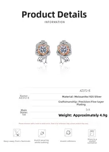 Moissanite 925 silver rose earrings featuring 1ct center stone and rose gold petals