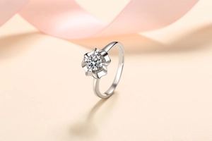 Close-up of S925 sterling silver heart-shaped four-prong ring with Moissanite stone