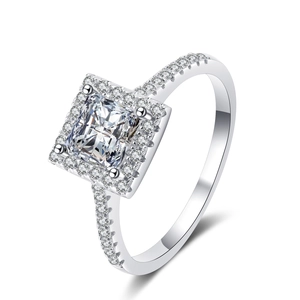 Princess cut 1 carat moissanite halo ring in 925 sterling silver with pavé band