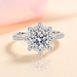 925 Sterling Silver Flower Halo Ring Moissanite Zirconia Inlaid Wedding Engagement Jewelry For Women Sparkly Fashion Ring
