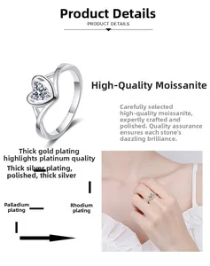 Détail macro de la bague coeur en argent S925 avec moissanite et vue portée par mannequin