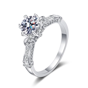 Luxurious S925 sterling silver ring with six-prong round moissanite and pavé accents