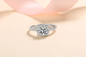 Detailed macro view of S925 silver moissanite ring with hexagon halo and micro-pave setting
