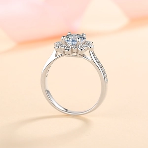 Sparkling S925 sterling silver ring with round moissanite in a floral halo setting