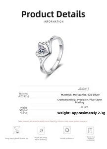 Détail d'une bague cœur en argent S925 sertie d'une pierre centrale en moissanite 0,3ct