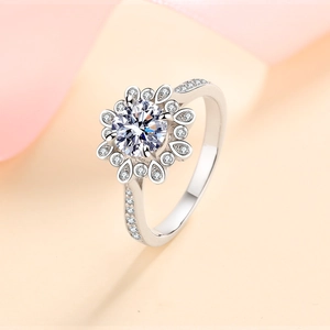 S925 silver moissanite ring with halo setting and half-eternity band in 45-degree view