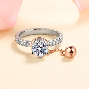 S925 sterling silver ring with six-prong moissanite and a moving rose gold bead chain