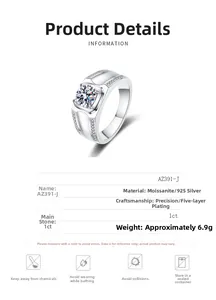 Detailed specs of 1ct Moissanite 925 silver ring with 5-layer plating and side stones