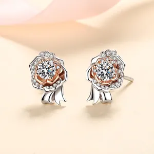 S925 Sterling Silver Rose Flower Stud Earrings Moissanite Zirconia Inlaid Two Tone Elegant Fashion Jewelry For Women Gift
