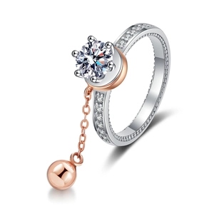 Elegant S925 silver spinning ring with round zircon and rose gold ball chain dangle