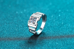 Macro side view of S925 silver men's moissanite ring with industrial geometric design