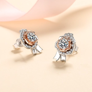 Elegant S925 silver rose stud earrings with moissanite center in two-tone finish
