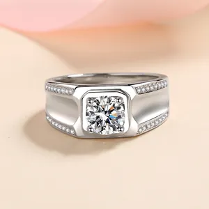 Luxury 925 Sterling Silver Men Ring Moissanite Zirconia Inlaid Wide Band Vintage Business Style Masculine Fashion Jewelry