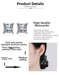 Detail view of princess cut moissanite stud earring with premium multi-layer plating finish