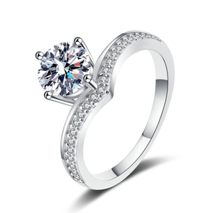 Elegant wavy S925 silver ring with round moissanite and micro-paved sparkling side diamonds