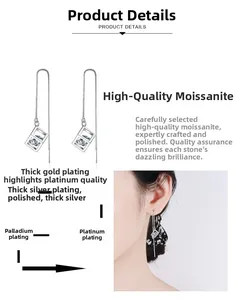 Detail of S925 moissanite tassel earrings with geometric frame and long silver drop chains