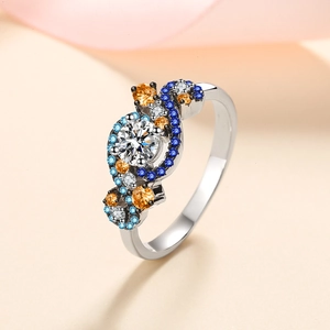 Elegant S925 sterling silver ring featuring colorful micro-pave stones and a center crystal