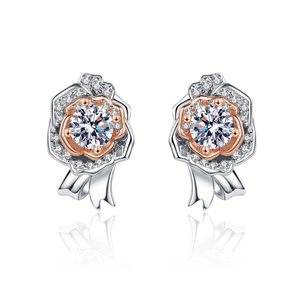 Elegant S925 silver rose flower stud earrings with moissanite accents and ribbon design