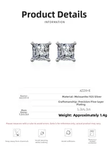 Macro detail of square moissanite earrings with 925 silver technical specifications