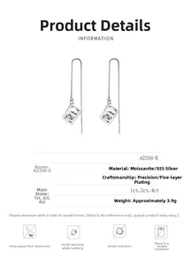 Detailed specs of 925 silver moissanite earrings with geometric frame and tassel design