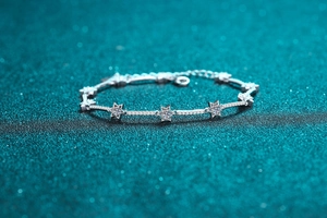 Macro view of sterling silver star bracelet with shimmering zircon stones and extension chain