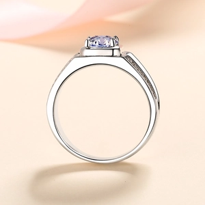 925 silver ring with 1 carat round purple moissanite stone in classic four-prong setting