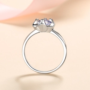 S925 sterling silver heart ring with purple round gemstone in floral six-prong setting