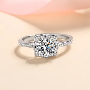 Luxury S925 Sterling Silver Moissanite Ring Women Round Hexagon Halo Zirconia Engagement Wedding Ring Sparkling Jewelry Gift
