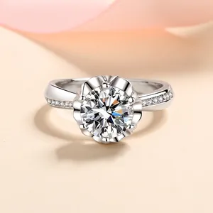 Bague en Argent Sterling S925 Avec Moissanite pour Femme Zirconia Coupe Ronde Alliance Couronne de Fleurs Bijoux de Mariée