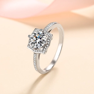Elegant S925 sterling silver halo moissanite ring with six-prong setting and side diamonds