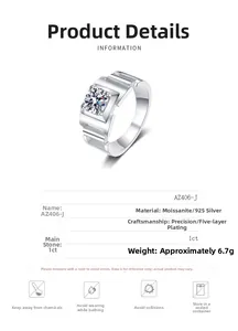 Detailed specs of S925 silver men's ring with 1ct moissanite and 5-layer plating