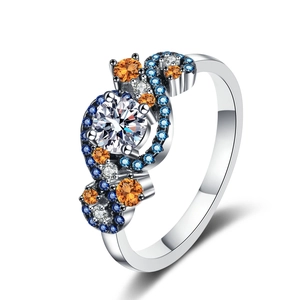 Elegant S925 sterling silver ring with colorful stones and round moissanite center stone