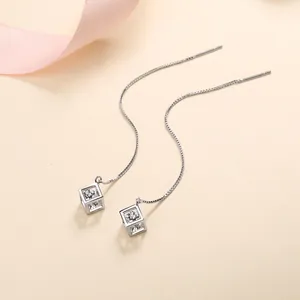 925 Sterling Silver Moissanite Tassel Earrings For Women Geometric Cube Hollow Drop Long Chain Earrings Jewelry Gift With GRA Certificate