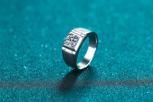 Macro detail of men's S925 silver ring featuring a square cut moissanite stone