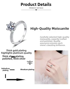 Detail of six-prong moissanite ring showing multi-layer plating of rhodium and palladium