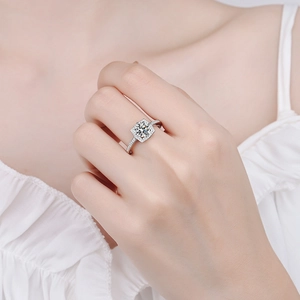Elegant S925 sterling silver moissanite ring with square halo and side diamonds on hand
