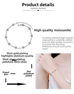 Detailed view of 925 silver star bracelet with moissanite and thick gold plating