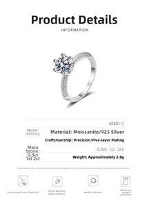 Detail showing 925 silver six-prong setting with moissanite and five-layer plating
