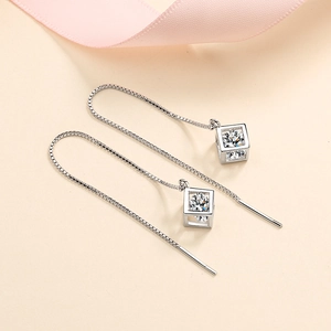 S925 sterling silver drop earrings with cube pendant and moissanite stones on pink ribbon