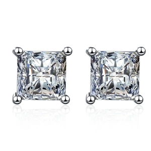 Minimalist S925 sterling silver square moissanite stud earrings with four-prong setting