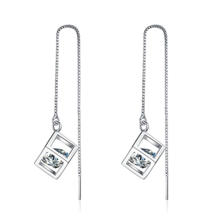 Minimalist S925 sterling silver tassel earrings with geometric cube moissanite pendants