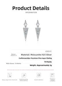 Detail of 925 sterling silver triangle earrings with moissanite and 5-layer plating