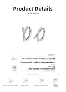 Detailed view of S925 silver moissanite earrings with a unique crossover hoop design