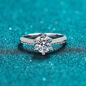 Elegant 925 silver six-prong moissanite ring with micro-paved band for women