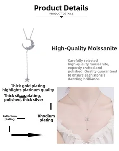 Detail of S925 silver moon and star Y-necklace with sparkling moissanite stones
