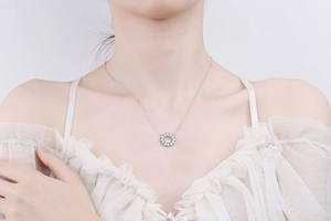 Close-up of S925 sterling silver circular pendant necklace with pavé-set moissanite stones