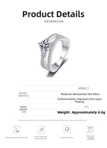 Detailed spec sheet for 925 silver moissanite ring with 5-layer plating and micro-pave