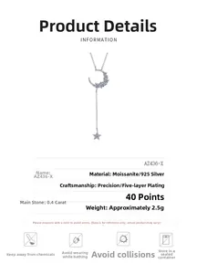 Detailed specs of the 925 silver star and moon necklace with 40-point moissanite stone