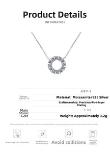 Detail view of 925 silver necklace with 1.2ct moissanite round pendant specifications